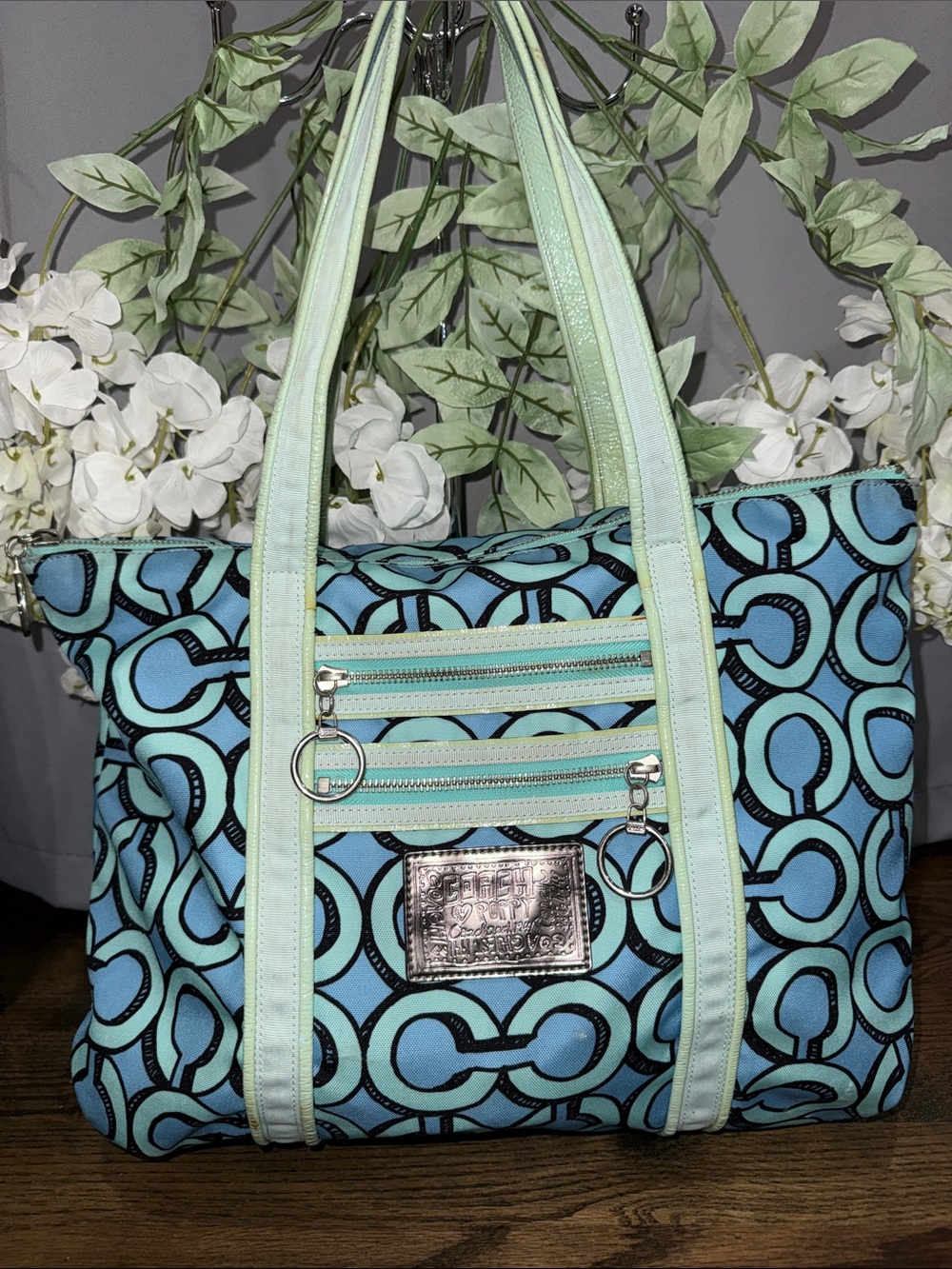 Coach POPPY Aqua and Mint Patterned Tote
